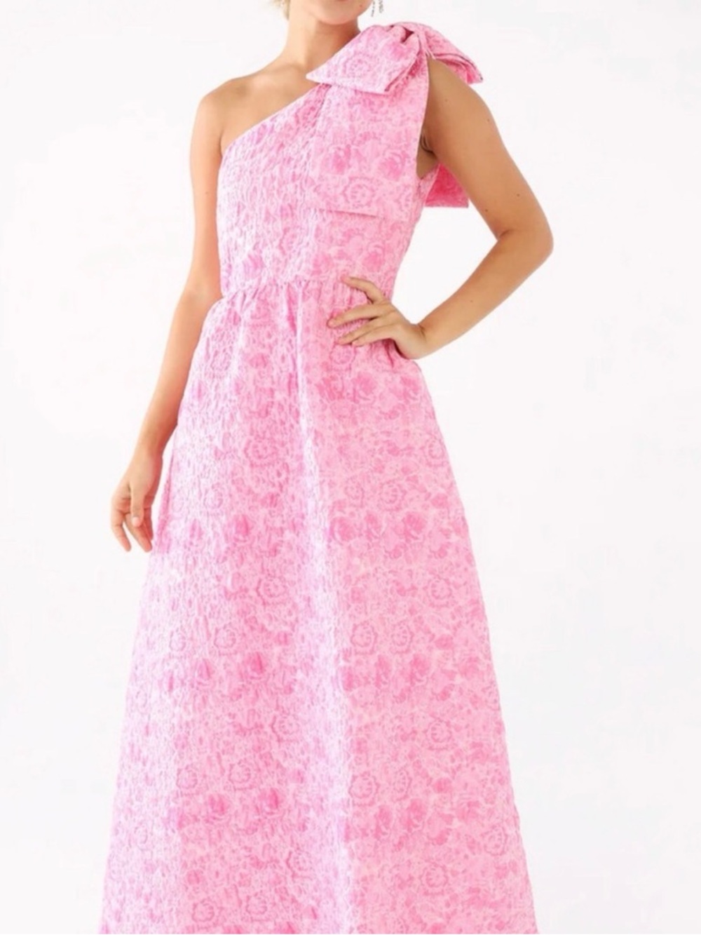 One-Shoulder Pink Floral Lace A-Line Dress with Bow Accent